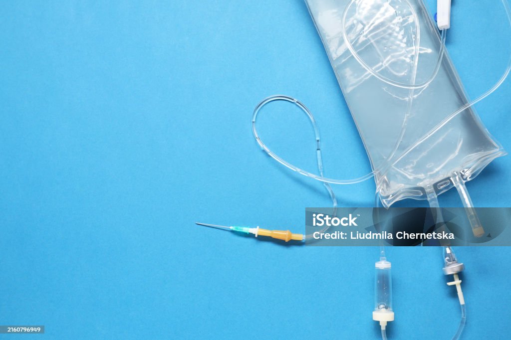 Infusion Set Background Iv Infusion Set On Light Blue Background Top View Space For Text Stock ...