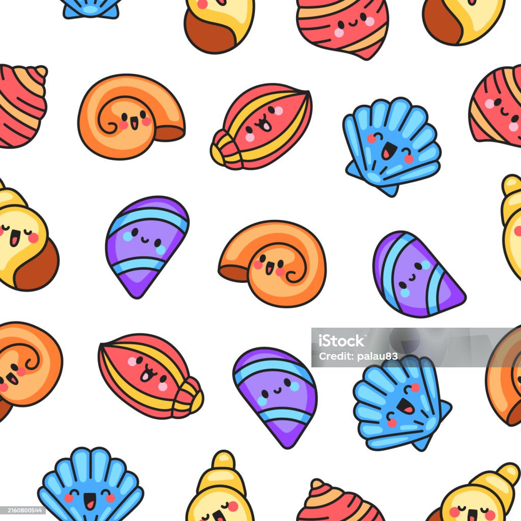 Shell Cute Cute Kawaii Sea Shell Seamless Pattern Cartoon Aquatic Life Marine ...