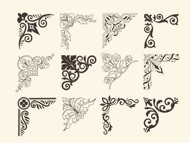 ilustraciones, imágenes clip art, dibujos animados e iconos de stock de conjunto de rincones vintage. cenefas retro decorativas lineales de elegante estilo medieval. marcos reales abstractos con adorno para decoración. colección de ilustraciones vectoriales dibujadas a mano - esquina