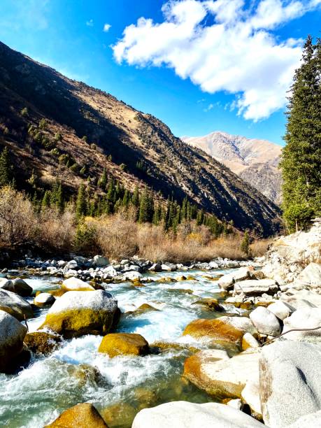 istock A mountain stream flows through lush valley under clear blue sky, offering picturesque view 2160804893