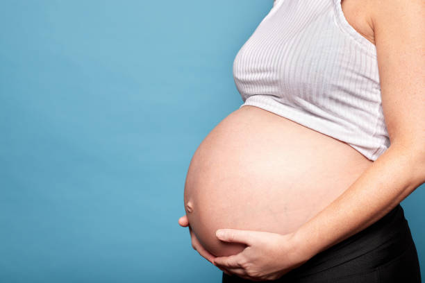 istock Woman with both hands lovingly holding her pregnant belly isolated on blue background 2160805028