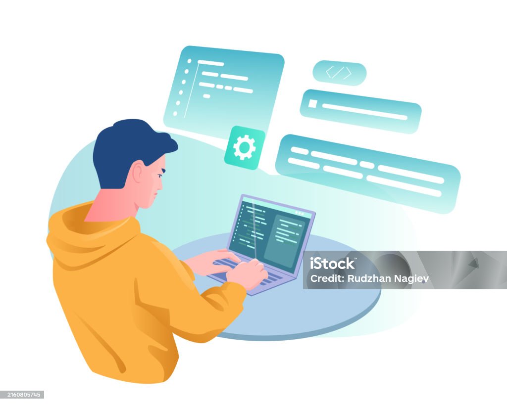 Software Developer Male Programmer Works On Laptop And Creates Program ...