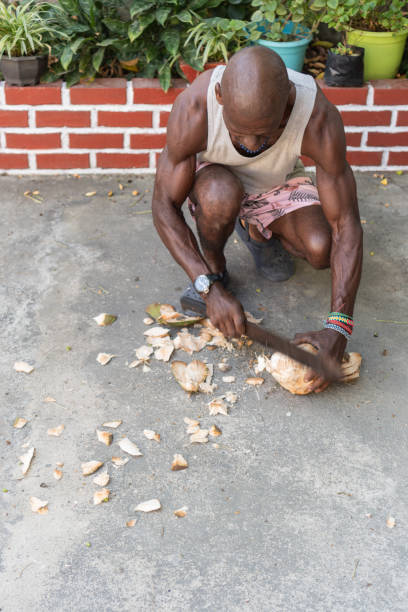 Man chopping a coconut with a machete, surrounded by coconut pieces and potted plants.