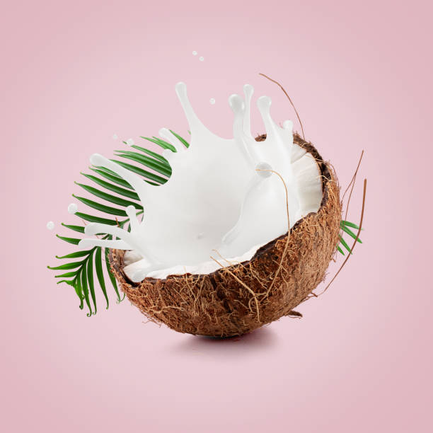 istock coconut with palm leaf and milk splash on a light pink background 2160808158