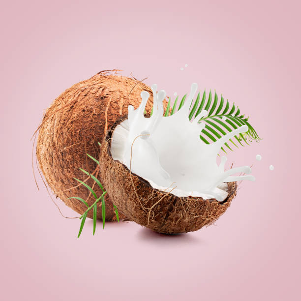 istock coconuts with palm leaf and milk splash on a light pink  background 2160808166