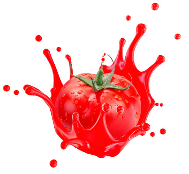 istock tomato in juice splash isolated on a white background. Clipping path 2160808469