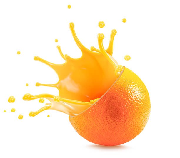 istock orange with juice splash isolated on a white background. Clipping path 2160808686