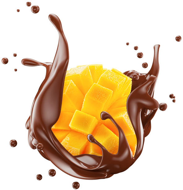 istock mango cube slices in chocolate splash isolated on a white background. Clipping path 2160809061