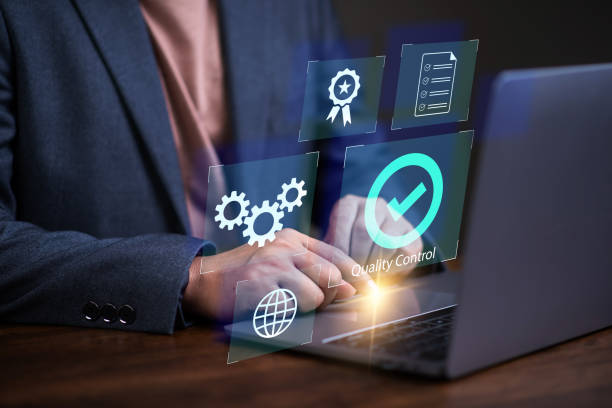 istock Product Quality control concept, Mnn using laptop with check mark symbol represents the standard quality control. 2160809093