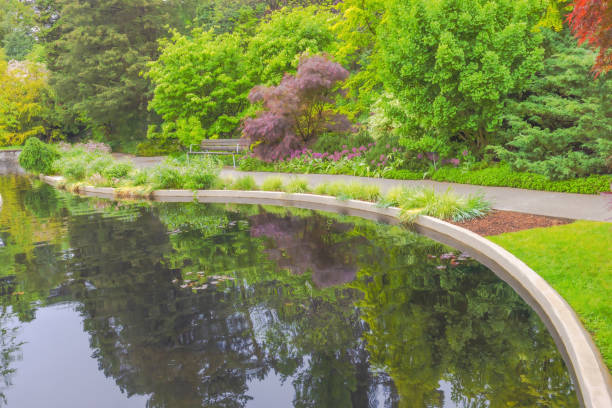 A colourful botanical garden and lush green foliage on a rainy and overcast day.