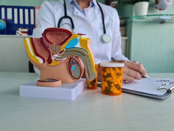 istock Doctor Writing Prescription With Male Reproductive System Model 2160824383