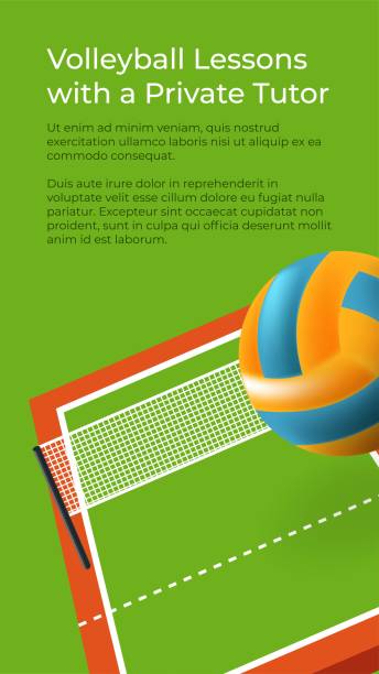 Volleyball lessons with private tutor or coach Classes and education, improvement of game skills with private tutor. Volleyball coach, professional help and sports advice. Lessons and courses, posters with information. Vector in flat style evolution volleyball stock illustrations