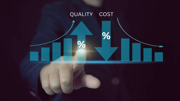 istock Cost and quality control concept. Person touch virtual cost and quality icons to Improve work efficiency for quality control and company cost reduction. Successful organization strategy and management 2160831020