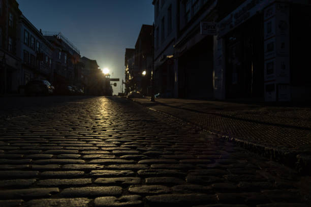 Early morning sunlight in Guildford famous high street cobbles road Surrey England Europe