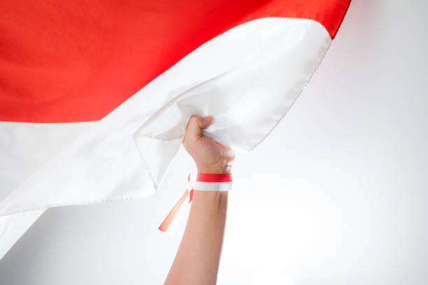 istock Excited men holding flags celebrating Indonesia's independence day 2160839556