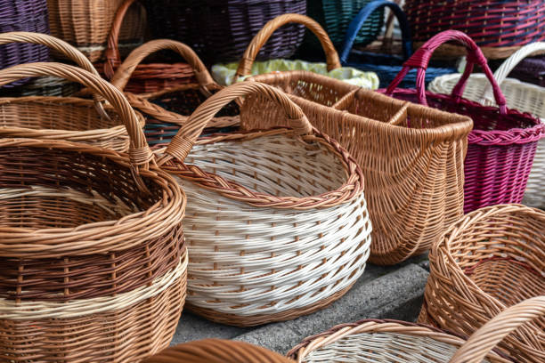 istock Many Wicker Baskets on Handicraft Market, New Wickerwork, Hand Made Basket, Bamboo Containers 2160842223
