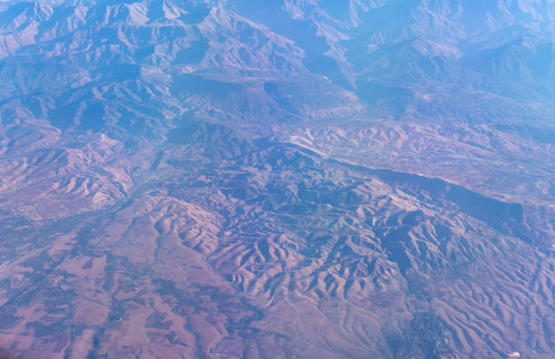 Plane Window View, Atlas Mountains Aircraft Fly Landscape, Looking from Plane Cabin, Plane Window Aerial View on Wings, Sky and Morocco Mountains