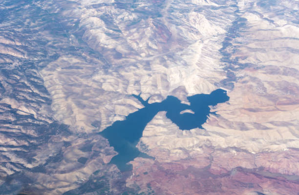 Plane Window View, Aircraft Fly Landscape, Looking from Plane Cabin, Plane Window Aerial View on Wings, Sky and Mountains