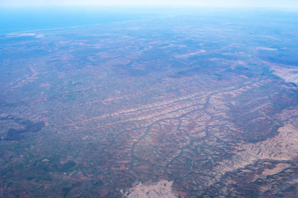 Plane Window View, Aircraft Fly Landscape, Looking from Plane Cabin, Plane Window Aerial View on Wings, Sky and Mountains