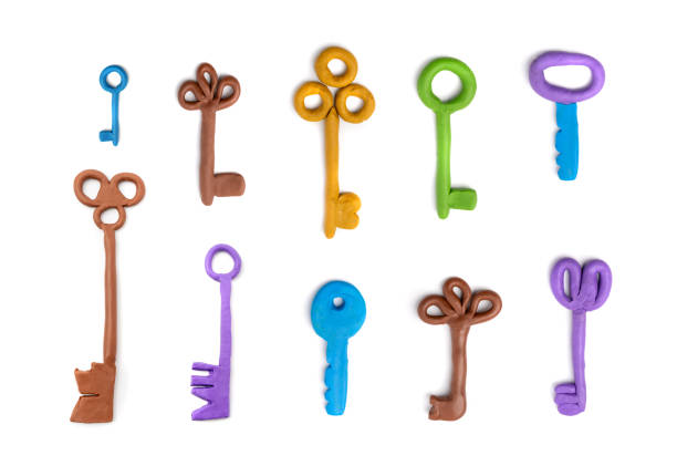 Handmade key isolated set, plasticine keyword, modeling clay password symbol, modelling material unlock sign, clay dough keys, access, login sign top view