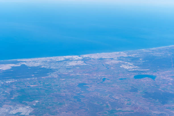 istock Plane Window View, Aircraft Fly Landscape, Looking from Plane Cabin, Plane Window Aerial View 2160842484