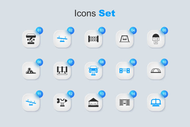 istock Set Swedish wall, Kid playground slide pipe, Seesaw, Attraction carousel, Monkey bar, and Swing icon. Vector 2160843534