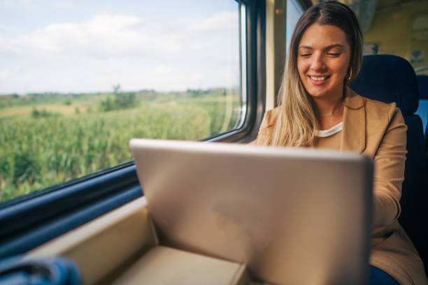 istock young woman travels by train, using lap top 2160844491