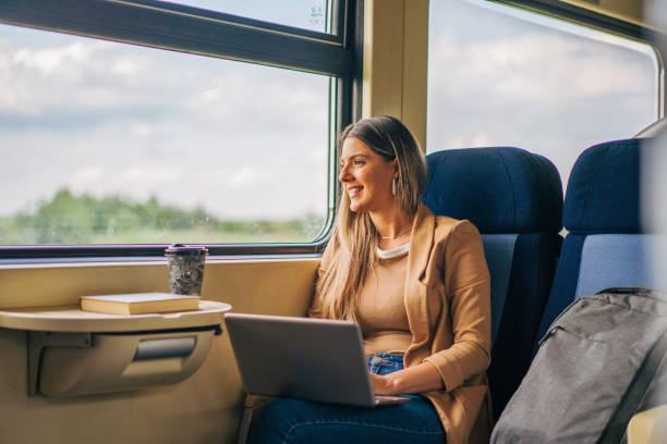 istock young woman travels by train, using lap top 2160846124