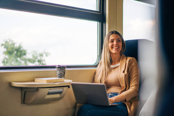 istock young woman travels by train, using lap top 2160846318