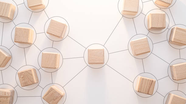 Wooden cubes in two groups are connected to each other and connected by one. Hierarchy, subordination and leadership concept.