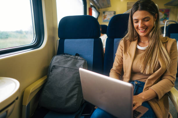 istock young woman travels by train, using lap top 2160847745