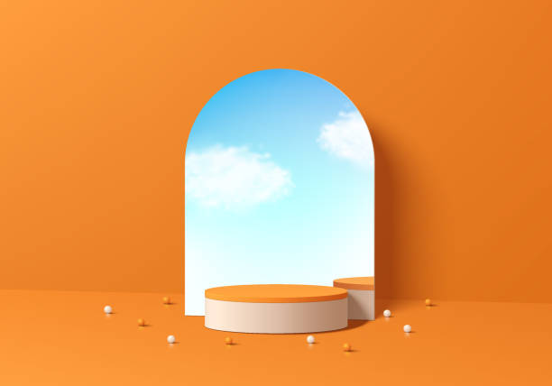 istock 3D orange product podium background with reflect blue sky in glass arch shape. Abstract composition in minimalist design. Studio display showroom product pedestal, Fashion stage showcase mockup scene. 2160848866