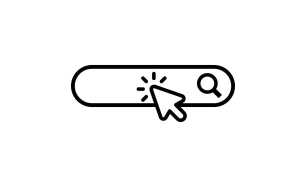 ilustraciones, imágenes clip art, dibujos animados e iconos de stock de barra de búsqueda con el cursor haciendo clic sobre ella - cuadro de búsqueda
