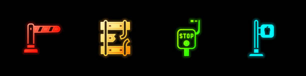 istock Set Railway barrier, Broken rails on railway, Emergency brake and Cafe and restaurant location icon. Vector 2160860279