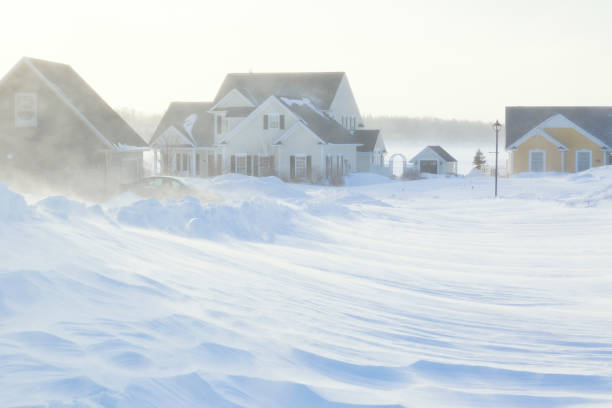Unplowed roads after a blizzard in a North American suburban neighborhood.