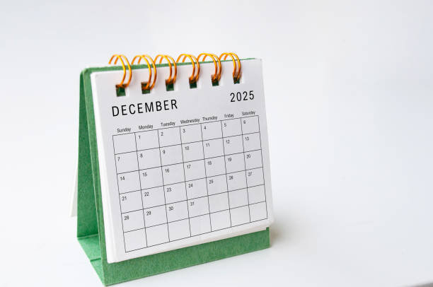 December 2025 table calendar on white background with customizable space for text
