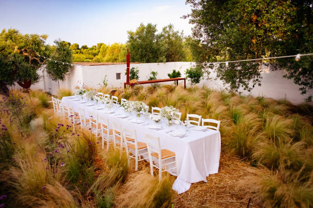 Dreamy Wedding Table Setting In a Field with Twinkle Lights in Southern Italy