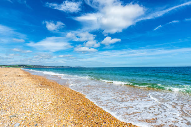 Waves from the tide rolling onto an orange pebble beach on the Jurassic coast of the United Kingdom