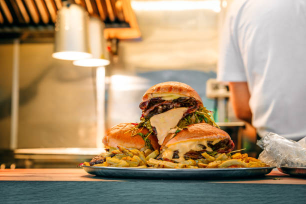 istock Delicious fresh hamburgers on display 2160882762