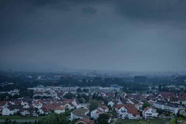 Dark clouds overcast over a german village