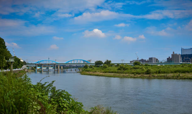 istock Buildings and blue sky seen from the riverbank 2160886346