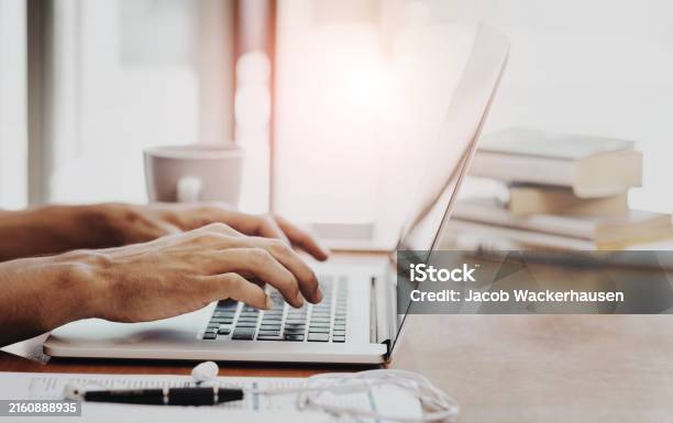 Hands Laptop And Typing For Remote Work From Home Office With Notebook Review And Editing For Article Person Writer And Computer With Click Keyboard And Digital Newsletter For Creative Agency Stock Photo - Download Image Now