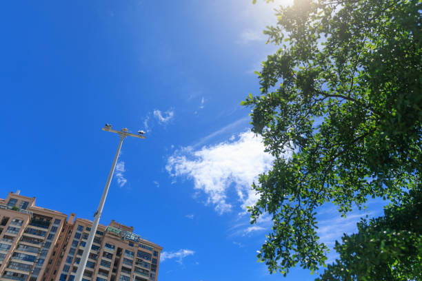 Urban Surveillance Pole Amidst Skyscrapers and Greenery