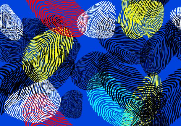 istock abstract fingerprint background. Contrast colors. Black, red, yellow finger skin marks on a bright blue background. 2160892467