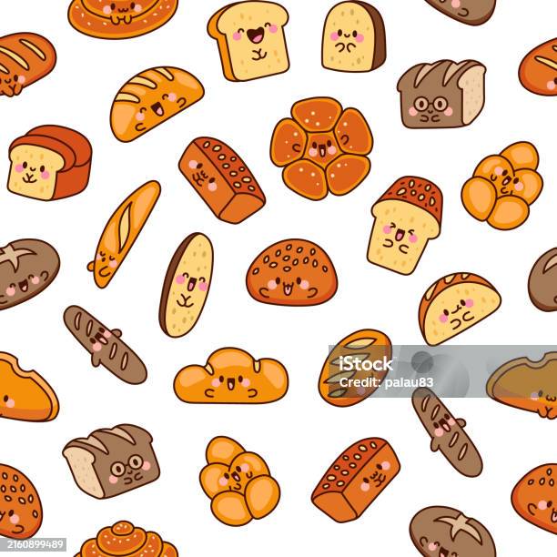 Smiley Bread Cute Kawaii Bread With Smiley Face Seamless Pattern Bakery Food Cartoon ...