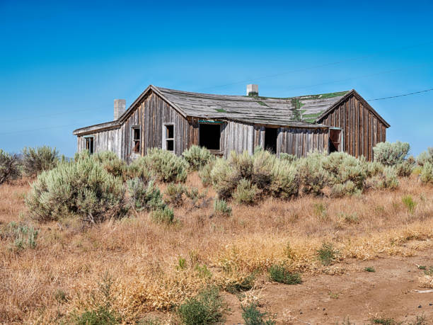Dilapidated wooden cabin sits abandoned on dry grassland in Malheur County, Oregon. Structure shows significant deterioration with damaged roof and walls. Surrounding landscape features expansive golden prairie with scattered vegetation extending toward distant hills. Wide open terrain showcases rolling mountains in background under clear sky. High angle view captures remote wilderness setting with no signs of current habitation.