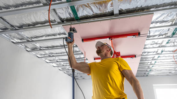 istock The worker screwing plasterboard to the ceiling. He is using special electric screwdriver. A red plasterboard improve the fire resistance of ceiling structures. 2160903869