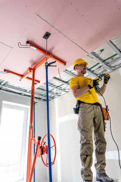 istock The worker screwing plasterboard to the ceiling. He is using special electric screwdriver. A red plasterboard improve the fire resistance of ceiling structures. 2160903891