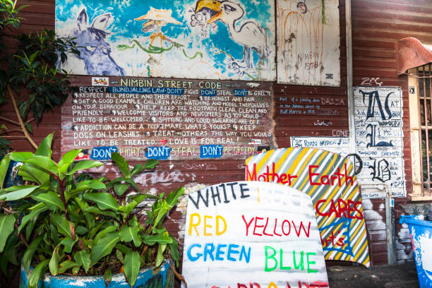 Nimbin Australia - February 5 2012; Rustic signs outside shop in small town Australia street with Nimbin Street Code