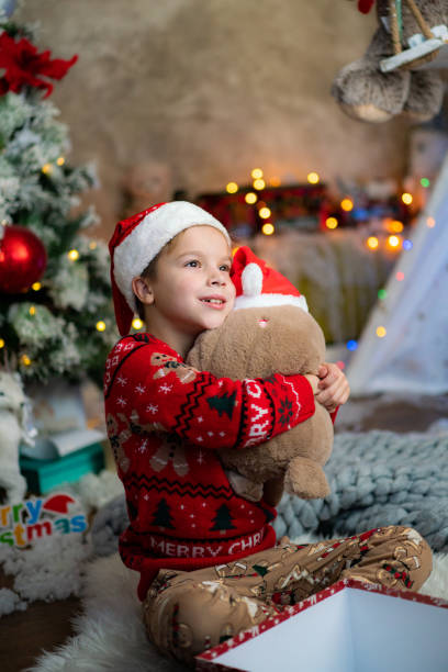istock Boy received a teddy bear as a Christmas present 2160907290